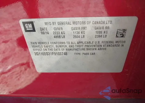 2015 Chevrolet Impala 2Lz from USA, damaged, VIN 2G1165S31F9103748